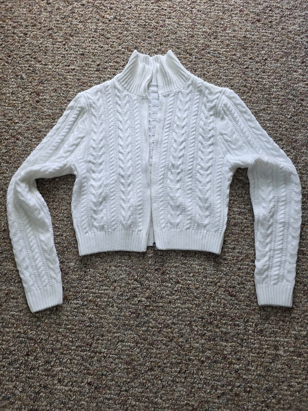 White Cable-Knit Zip Front Women's Sweater
